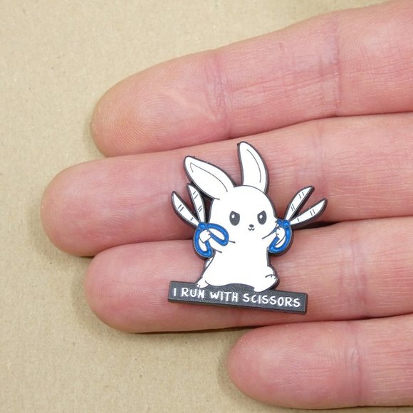 FREE ADD ON WITH PURCHASE I Run With Scissor Crafty Bunny Enamel Brooch Pin - Picture 2 of 4